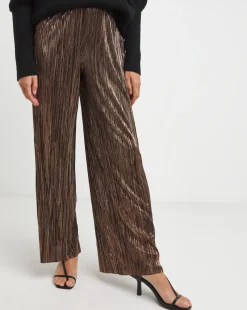Metallic Copper Plisse Stretch Wide Leg Trousers