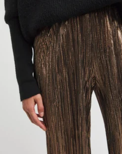 Metallic Copper Plisse Stretch Wide Leg Trousers