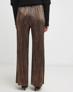 Metallic Copper Plisse Stretch Wide Leg Trousers