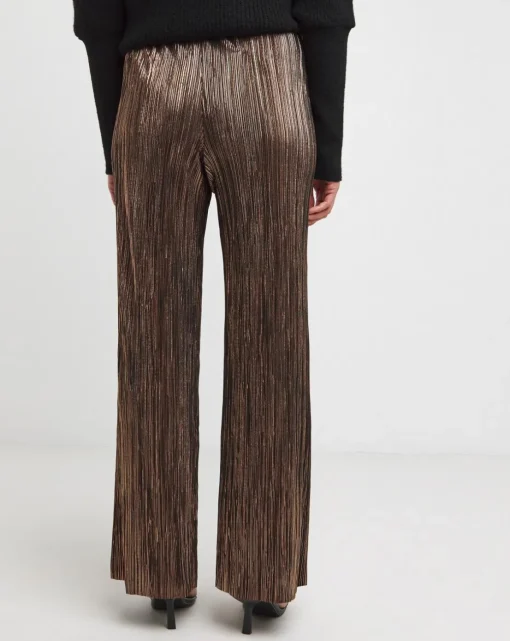 Metallic Copper Plisse Stretch Wide Leg Trousers