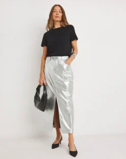 Metallic PU Leather Look Column Maxi Skirt
