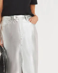 Metallic PU Leather Look Column Maxi Skirt
