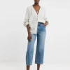 Mid Blue Broderie Straight Leg Crop Jeans