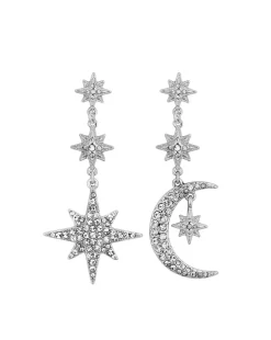 Mood Silver Crystal Moon And Star Statement Drop Earrings