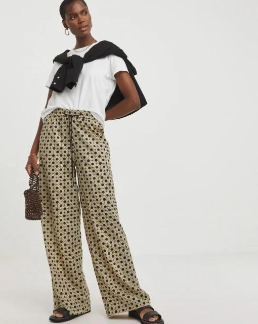 Natural Print Spun Viscose Pull On Wide Leg Trousers
