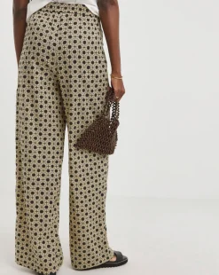 Natural Print Spun Viscose Pull On Wide Leg Trousers