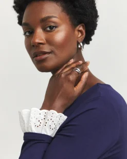 Navy Broderie Cuff Detail Long Sleeve Top