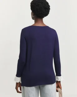 Navy Broderie Cuff Detail Long Sleeve Top