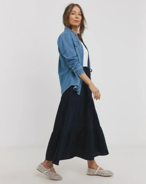 Navy Cheesecloth Tiered Midi Skirt