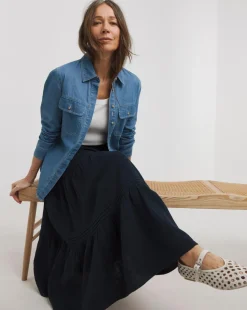 Navy Cheesecloth Tiered Midi Skirt