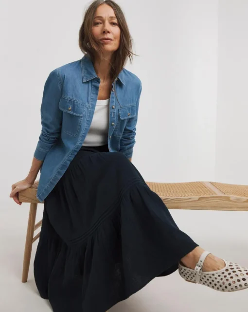Navy Cheesecloth Tiered Midi Skirt