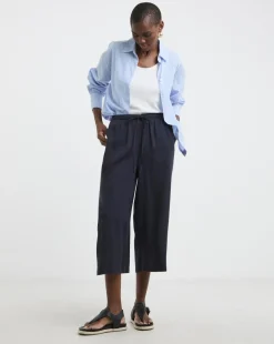 Navy Linen Mix Cropped Wide Leg Culottes