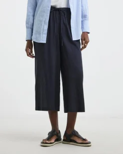 Navy Linen Mix Cropped Wide Leg Culottes