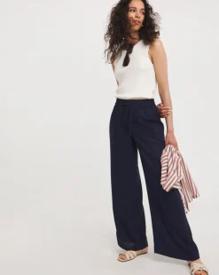 Navy Linen Mix Wide Leg Trousers