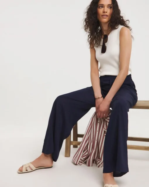Navy Linen Mix Wide Leg Trousers