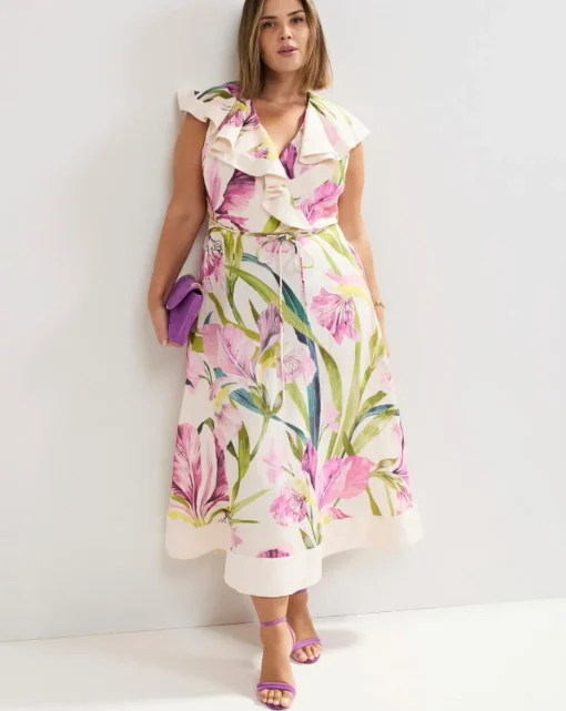 Phase Eight Matilda Floral Linen Ruffle Midi Dress