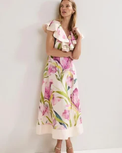 Phase Eight Matilda Floral Linen Ruffle Midi Dress