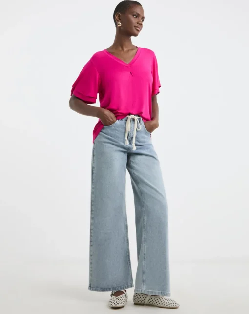 Pink Double Angel Sleeve V-Neck Top