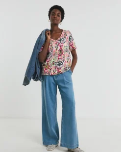 Pink Print V-Neck Bubble Hem Top