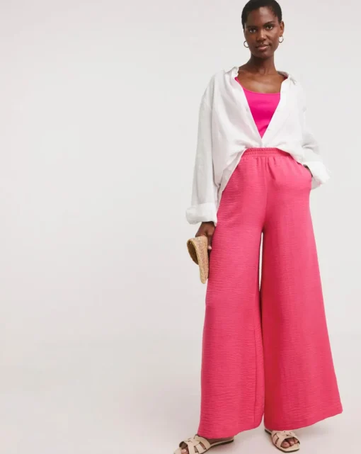 Pink Textured Wide Leg Palazzo Trousers