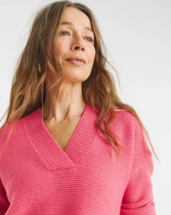 Pink V Neck Curved Hem Jumper