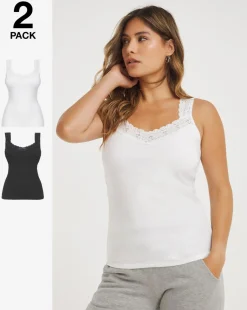 Pretty Secrets 2 Pack Lace Trim Vests White/Black