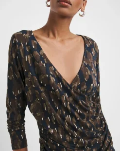 Print Ruched Sides V Neck Long Sleeve Top