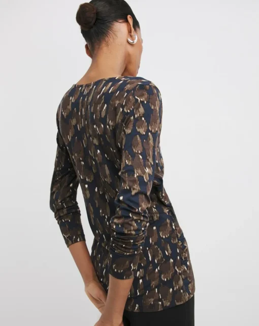 Print Ruched Sides V Neck Long Sleeve Top