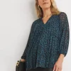 Print V-Neck Mesh Blouse