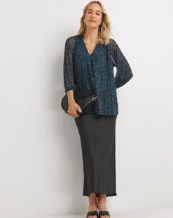 Print V-Neck Mesh Blouse