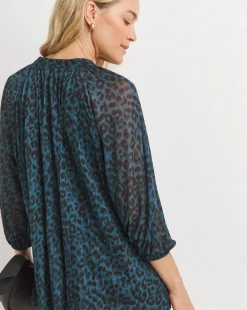 Print V-Neck Mesh Blouse