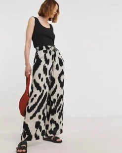 Printed Crinkle Shirred Waist Wide Leg Trousers