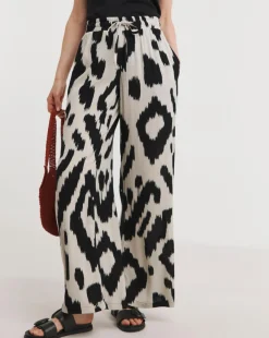 Printed Crinkle Shirred Waist Wide Leg Trousers