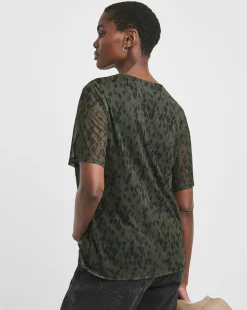 Printed Mesh V-Neck Angel Sleeve Top