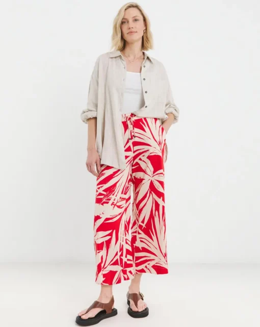 Printed Spun Viscose Cropped Wide Leg Culotte
