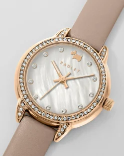 Radley Rose Gold Plated Stone Set Mother of Pearl Pink Leather Strap Watch
