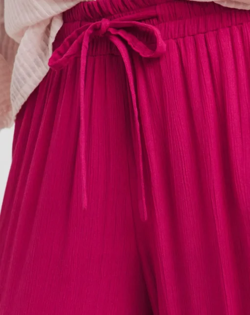 Raspberry Crinkle Shirred Waist Wide Leg Trousers