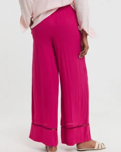 Raspberry Crinkle Shirred Waist Wide Leg Trousers