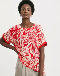 Red Print Woven Front Longline Curved Hem Top