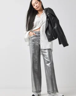 Silver Coated Metallic Wide Leg Jeans