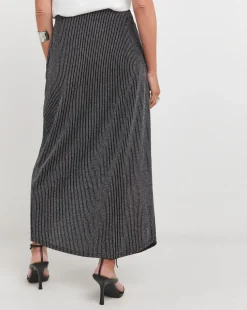 Silver Glitter Striped Jersey Midi Skirt