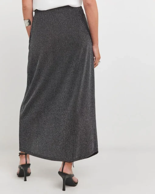 Silver Glitter Striped Jersey Midi Skirt