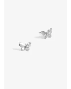 Simply Silver Sterling Silver 925 Polished and Pave Butterfly Stud Earrings