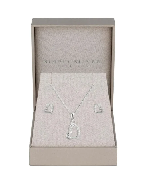 Simply Silver Sterling Silver 925 Polished Cubic Zirconia Heart Set- Gift Boxed