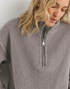 Soft Grey Borg Longline Quarter Zip Jacket