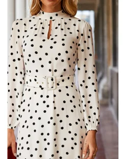 Sosandar Ivory and Black Spot Print Keyhole Detail Belted Fit and Flare Dress