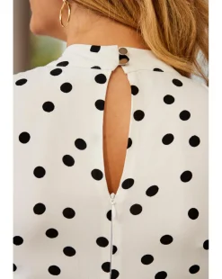 Sosandar Ivory and Black Spot Print Keyhole Detail Belted Fit and Flare Dress