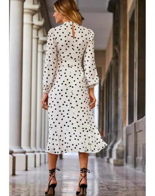 Sosandar Ivory and Black Spot Print Keyhole Detail Belted Fit and Flare Dress