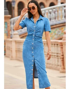Sosandar Mid Blue Panelled Detail Button Front Denim Dress