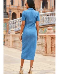 Sosandar Mid Blue Panelled Detail Button Front Denim Dress